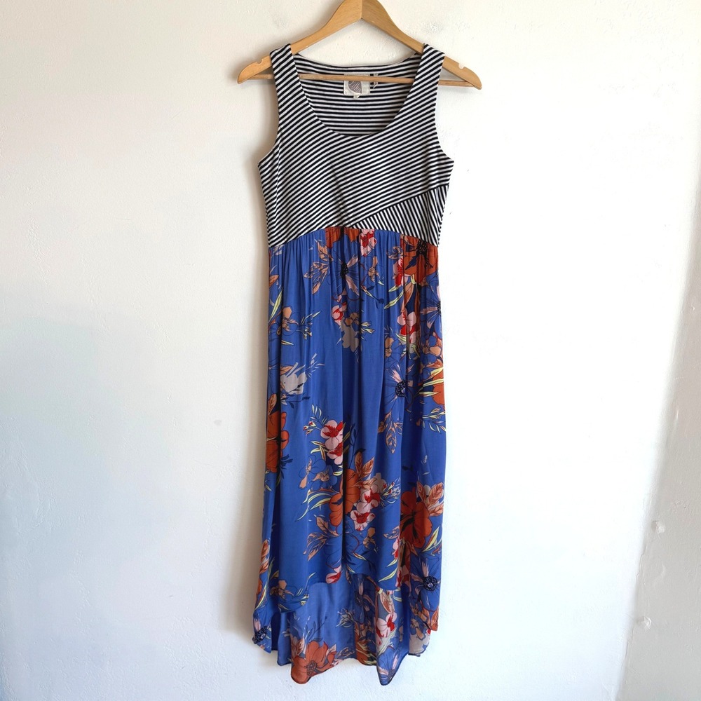 Lilka Anthropologie Zelie Midi Dress Blue Floral Striped Pockets Boho Cottage S